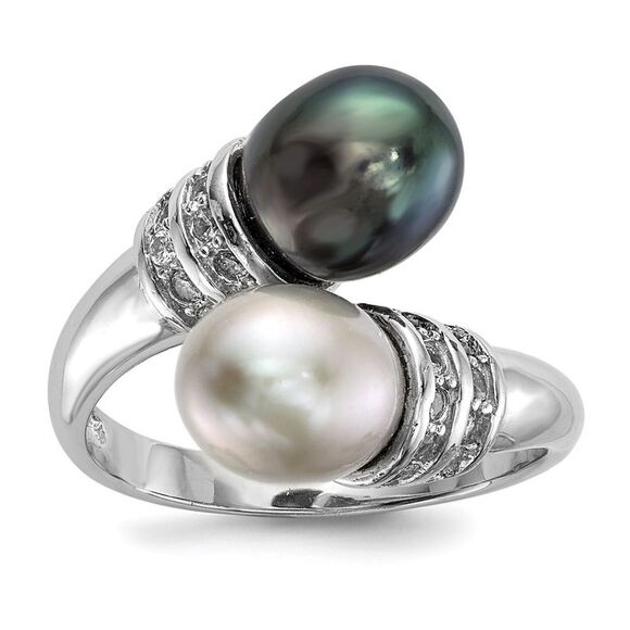 Kazi Luxury Sterling Silver RH 7-8mm Black/Grey Rice FWC Pearl CZ Ring